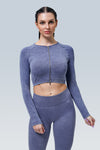 Acid Wash Double Zipper Seamless Crop Long Sleeve