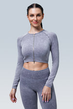 Acid Wash Double Zipper Seamless Crop Long Sleeve