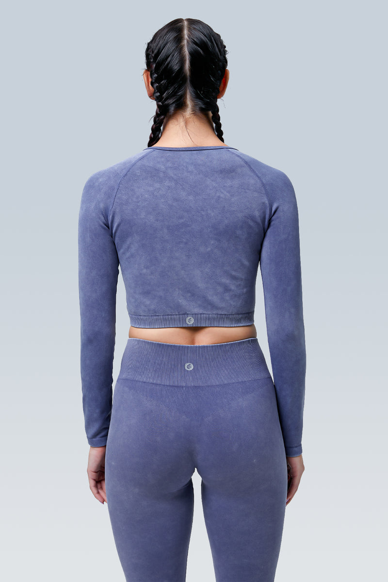 Acid Wash Double Zipper Seamless Crop Long Sleeve